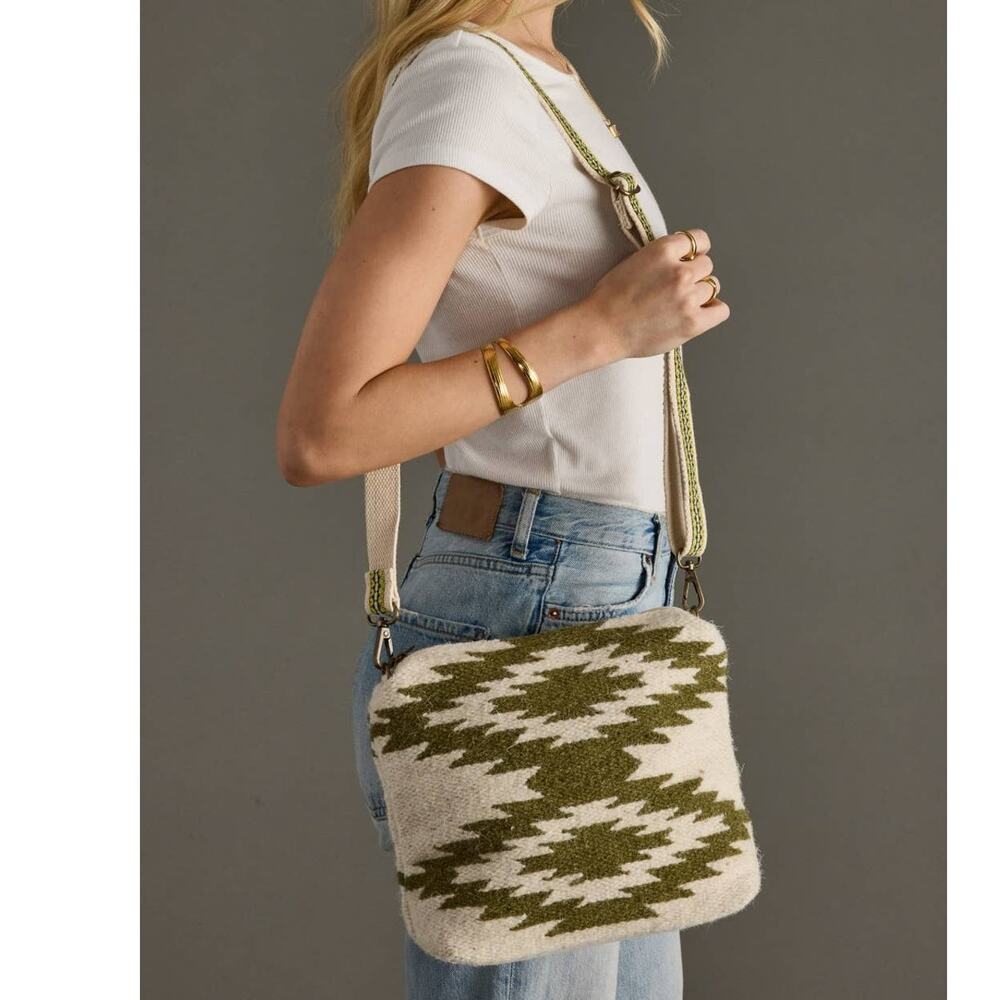 Cream & Olive Western Woven Wool Crossbody Bag | Boho Removable Strap
